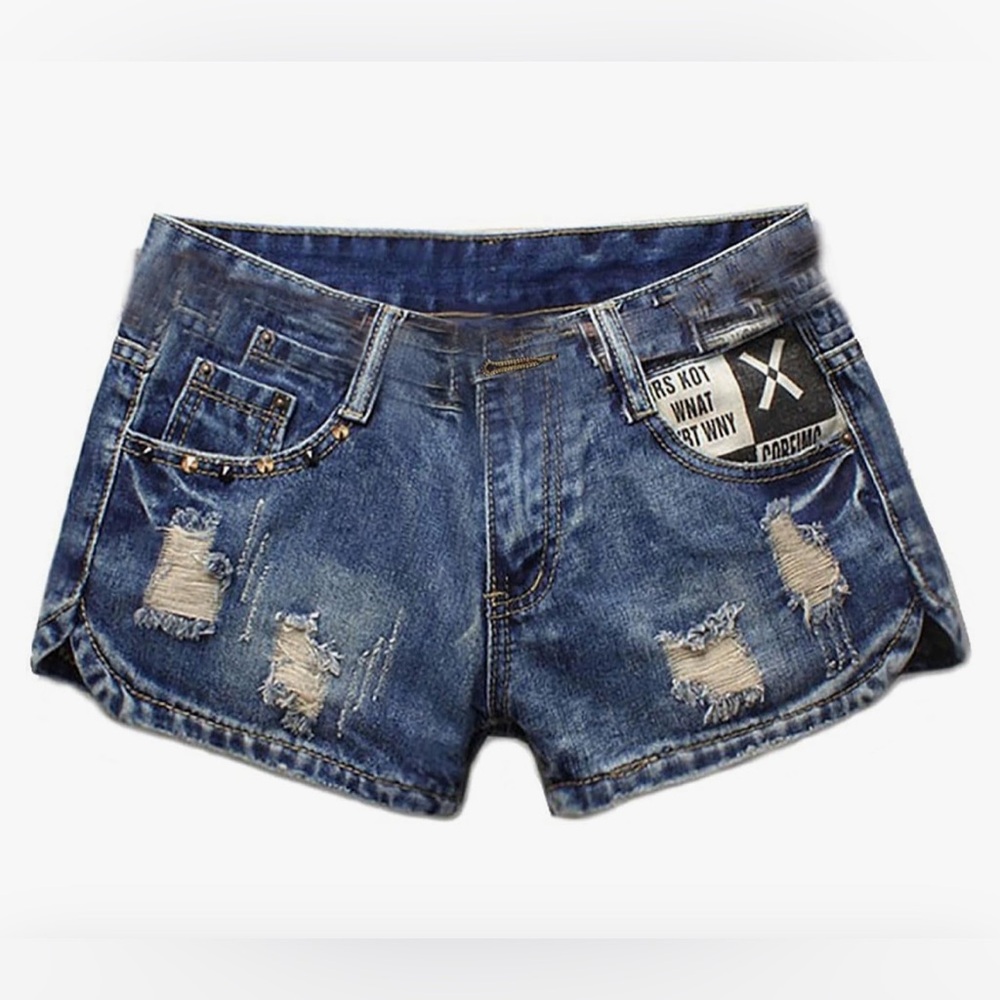 Blue Distressed Jean Shorts with Frayed Hem
